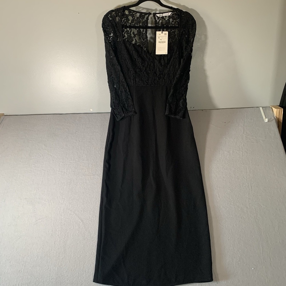Zara NWT Women's Black Lace Top‎ Sweetheart Neck 3/4 Sleeve Midi Dress Sz S
